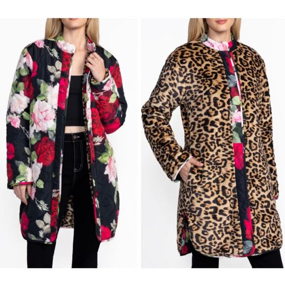 Johnny Was Jackets & Blazers - Johnny Was Vivi Puffer Jacket Reversible Floral Rose Print Leopard Faux Fur L